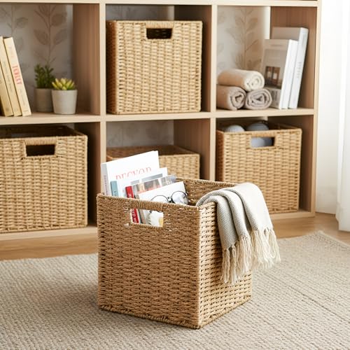 6 Pcs Wicker Storage Baskets 9.8x9.8 in Cube Organizer for Shelves, Laundry & Home Decor