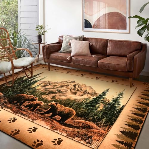 Rustic Cabin Bear Rug 5x7 - Washable Non-Slip Farmhouse Area Rug