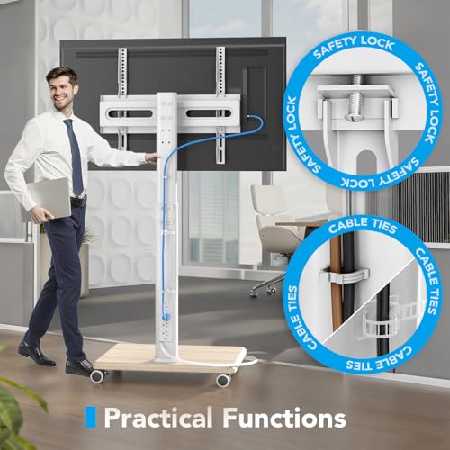 Mobile TV Stand with Power Outlets, Floor Portable Wheels for