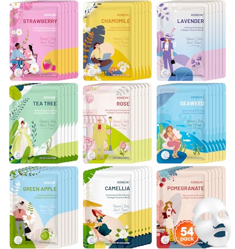 54 Pack Hydrating Facial Masks Set - All Skin Types, 9 Varieties for Skin Care & Spa