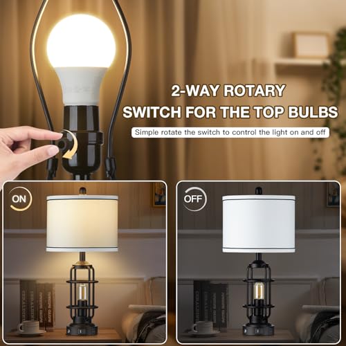 Black Industrial Dimmable Bedside Table Lamp with USB-C & AC Outlet - Modern Nightstand Light - 4 Bulbs Included - Rustic Touch Control