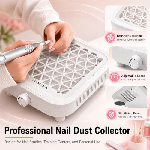 Hamara 1 Pack Quiet & Powerful Nail Dust Collector - Portable, Adjustable Suction, Reusable Filter, 8000 RPM