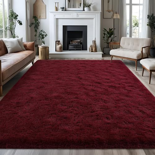 Wine Red 8x10 Burgundy Plush Area Rug - FALARK Large Non-Slip Shag Carpet