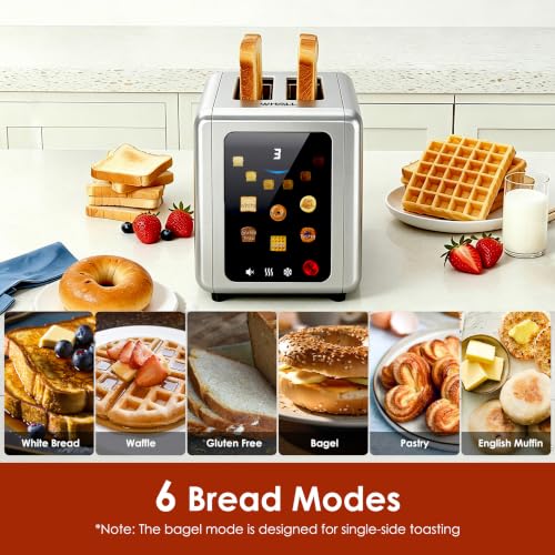 WHALL Silver Full Touch Screen 2-Slice Toaster with Wide Slots & Smart Features