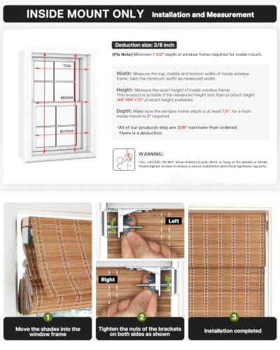 Blackout Bamboo Roman Shades - No Drill Cordless Room Darkening Window Blinds, 20 x 64 Inches