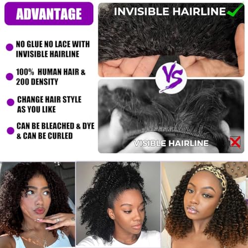 Black 16 Inch Kinky Curly Half Wig Human Hair 200 Density Seamless Flip Over Style - Glueless, Beginner Friendly