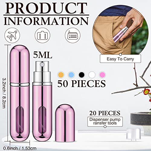 Gerrii 50 Pcs Travel Mini Perfume Refillable Portable Perfume Spray Bottle Perfume Pocket Perfume Dispenser with 20 Pcs Pump Accessories Essentials Spray Containers Scent Pump Case, 5ml (Multicolor)