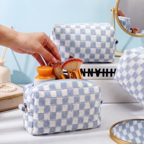 8 Pcs Checkered Makeup Bags Set - Small Cosmetic Pouch for Travel and Storage, Blue