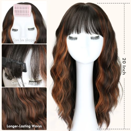 Brown Highlight Wavy Wig for Women 20 Inch Natural Curly Long Hair with Bangs - NOVFLKW