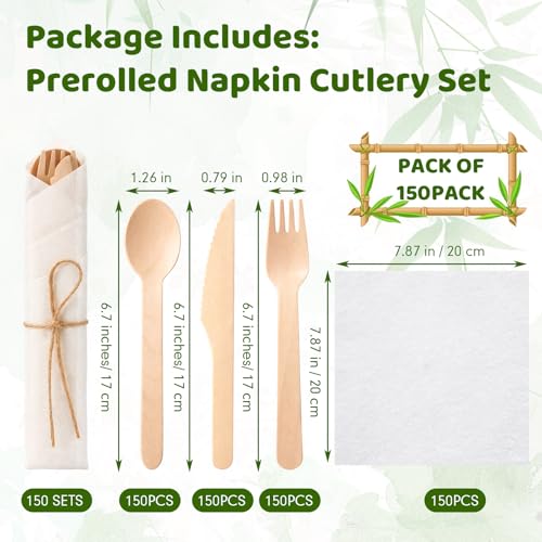 Nuenen White 150 Pack Bamboo Cutlery & Napkin Set - Eco-Friendly Disposable Utensils