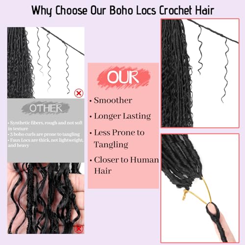 Boho Faux Locs Crochet Hair 18 Inch - 9 Pack Pre-Looped Goddess Locs for Natural Look