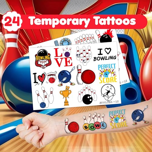 48 PCS Bowling Party Set: 24 PCS Temporary Tattoos & 24 PCS Slap Bracelets - Fun Bowling-Themed Gifts for Kids, Girls and Boys, Birthday Parties, Baby Showers, Classroom Rewards & Sports Events