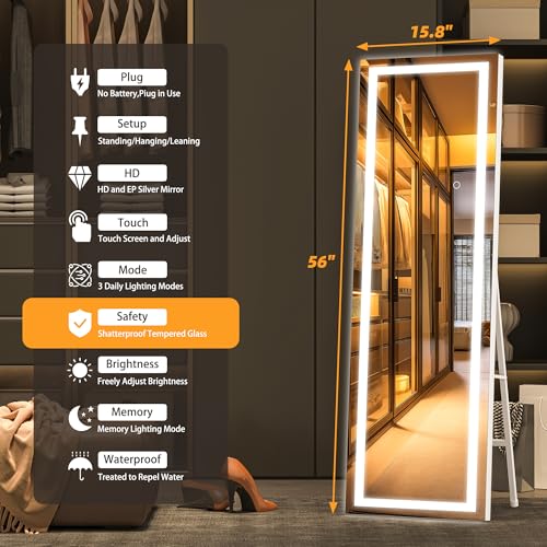Hasipu White Full Length Mirror with Lights 56" x 15.8" LED Floor Standing & Wall Mount