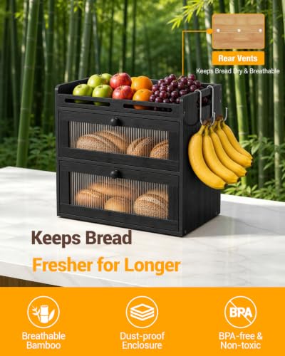 Black 2-Tier Bamboo Bread Box for Kitchen Countertop with Clear Doors