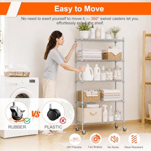 UEAKPIC 5-Tier Wire Shelving Unit Silver-Gray 29.5" W x 13.8" D x 61" H - Heavy Duty Metal Storage Rack with Wheels & Adjustable Shelves