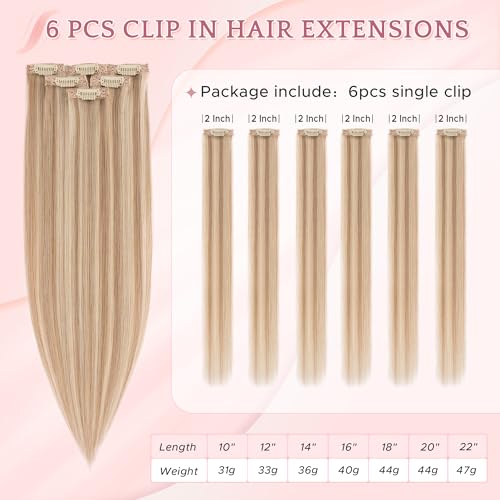 Clip-In Hair Extensions 12 Inch Real Human Hair Highlight Balayage - Golden Brown & Bleach Blonde, 6 Pcs