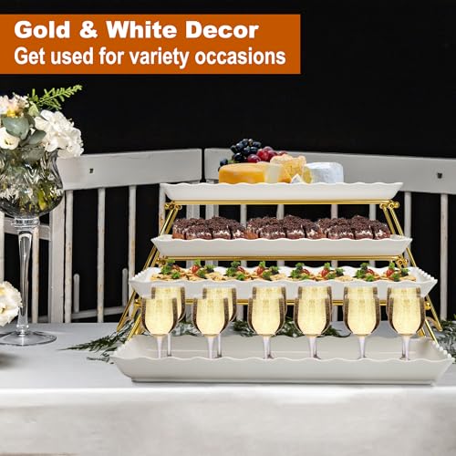 Extra Large 4-Tier Serving Tray Set - Gold Wave Edge Melamine Dessert Display for Parties