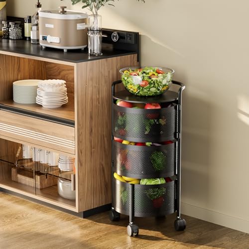 3-Tier Rotating Kitchen Storage Cart with Wheels - Space Saving Fruit & Vegetable Organizer, Black Variation