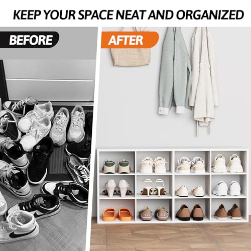 12-Cubby Shoe Rack 3-Tier Wood Organizer Bench - White, Multifunctional Entryway Storage