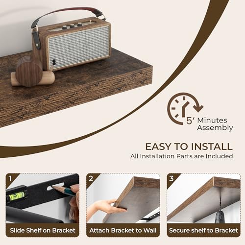 RICHFOCUS 36-Inch Rustic Brown Floating Wall Shelves Set of 2 | Modern Storage & Decor