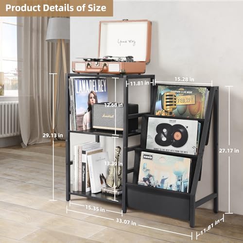 Black Record Player Stand with 3-Tier Vinyl Storage - Fits Up to 200 Albums