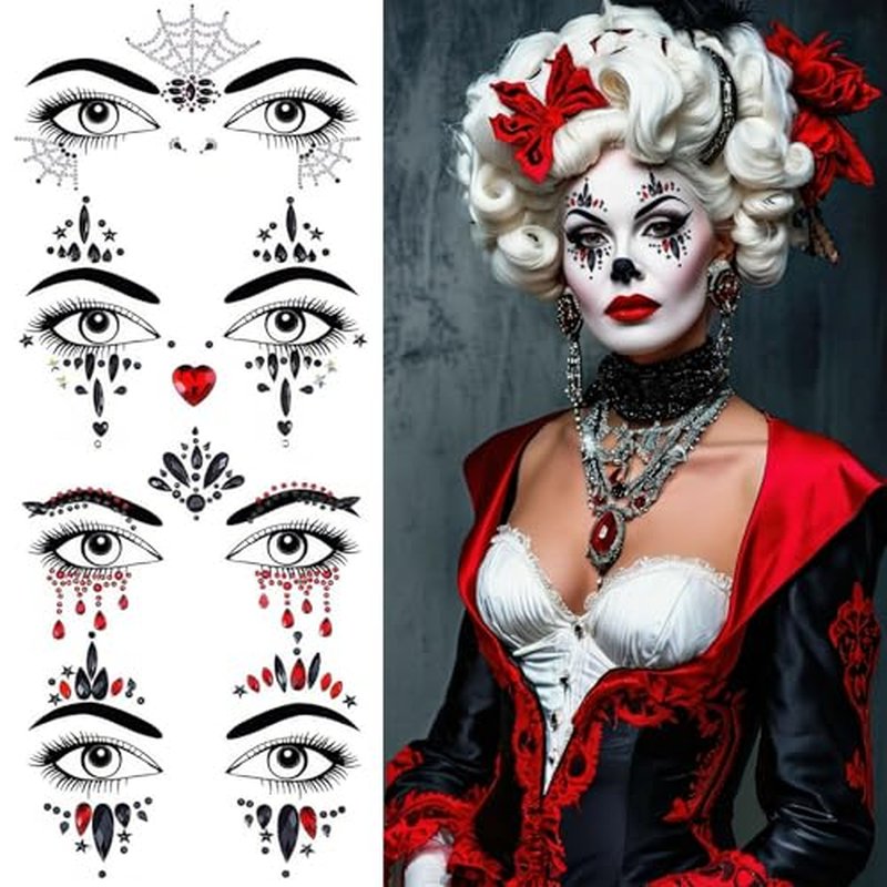 4 Pieces Face Gems Jewels Tattoos for Halloween, Day of the Dead Glitter Skull Spider Web Clown Crystals Rhinestones Makeup Stickers for Women Halloween Festival Rave Party Outfit