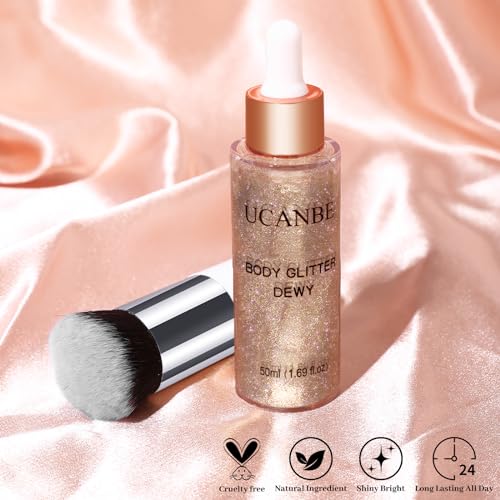 UCANBE Face Body Glitter Liquid Highlighter Illuminator Dewy Drops with Makeup Brush, Makeup Sparkle Shine Luminizer Enhancer Skin Body Shimmer Oil Tint 50ml/1.69oz (03 Rose Gold, Standard)
