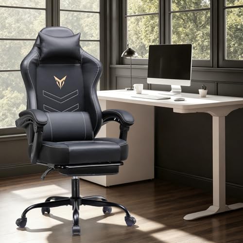 GTPLAYER Gaming Chair with Footrest - High Back Leather Office Chair for Adults, Adjustable Headrest & Lumbar Support, Black, Variation: With Pedals