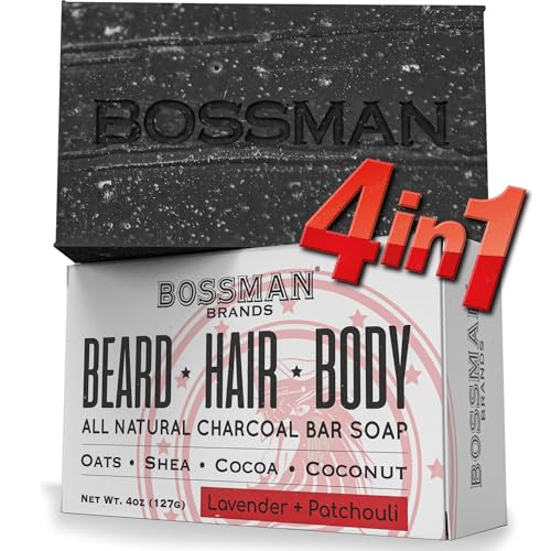 Bossman 4-in-1 Charcoal Soap Bar (4 oz) ? Bar Soap for Men ? All-Natural Beard Wash, Shampoo, Body Wash & Shaving Solution ? Lavender & Patchouli Scent