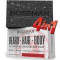 Bossman 4-in-1 Charcoal Soap Bar (4 oz) ? Bar Soap for Men ? All-Natural Beard Wash, Shampoo, Body Wash & Shaving Solution ? Lavender & Patchouli Scent
