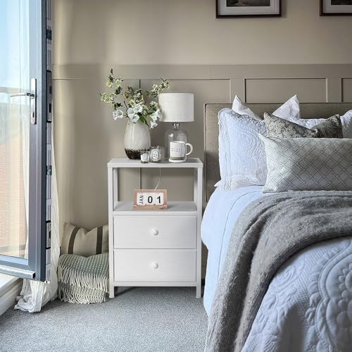White Nightstand with Charging Station, LED Lights & Fabric Drawers