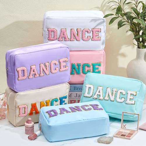 Pastel Dance Makeup Bags 6-Pack with Chenille Letter Patches, Waterproof Nylon Cosmetic Pouches