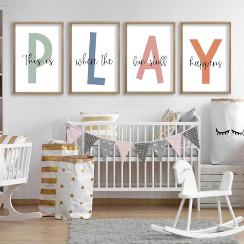 This Is Where The Fun Stuff Happens Kids Playroom Wall Art 24"×16" Wood - 4-Piece Set