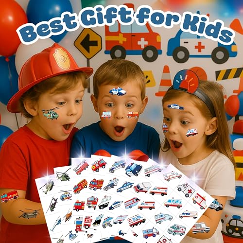 96 PCS Emergency Transportation Pre-Cut Temporary Tattoos Themed Birthday Party Decorations Favors Supplies Decor Vehicle Ambulance Tattoo Stickers Gifts For Game Boys Girls School Prizes Reward