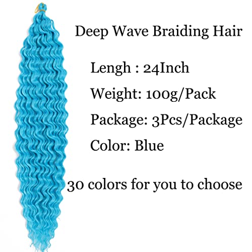 24 Inch Ocean Wave Braiding Hair Extensions - Light Blue, 3 Packs, Synthetic Deep Wave