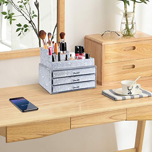 White Bling Diamond Makeup Organizer Drawer Set - 2 Pieces, Handcrafted Jewelry & Cosmetic Storage
