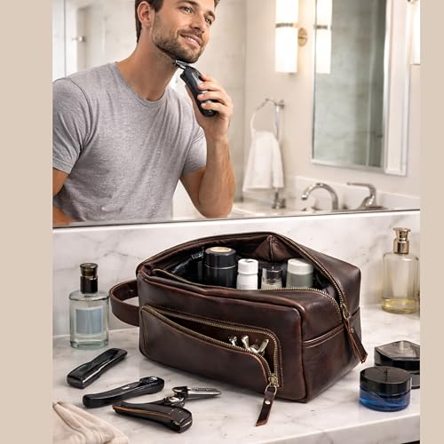 Leather Men's Toiletry Bag Dopp Kit Travel Organizer - Dark Chocolate Brown