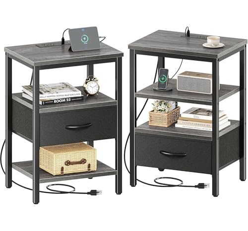 SUPERJARE Set of 2 Nightstands with Charging Station - Charcoal Gray & Black, Model M-2, 11.8"D x 15.7"W x 23.4"H