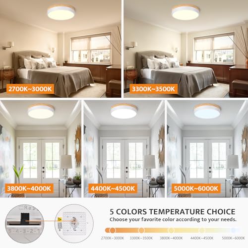 Dimmable Wooden LED Flush Mount Ceiling Light - White, 11.8 Inch, 5 Color Temps