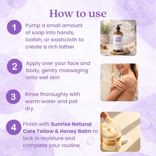 Sunrise Natural Care Lavender & Rosemary Tallow & Honey Liquid Soap 16 oz - All-Purpose Gentle Cleanser for Face, Body & Hands