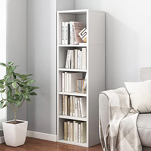 Small Narrow Corner Bookcase - 47" Tall White Storage Cabinet with 5 Cubes - Space Saver Shelf