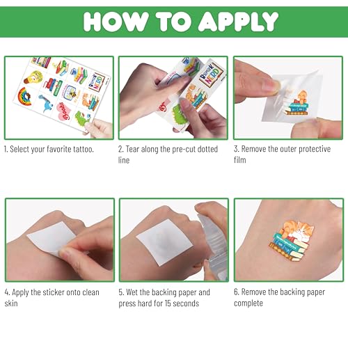 96 PCS Reading Book Pre-Cut Temporary Tattoos for Kids | Super Cute Library Booklist Nerd Themed Birthday Party Favors, Supplies, Decorations, Fake Tattoo Stickers, School Rewards & Gifts Boys & Girls