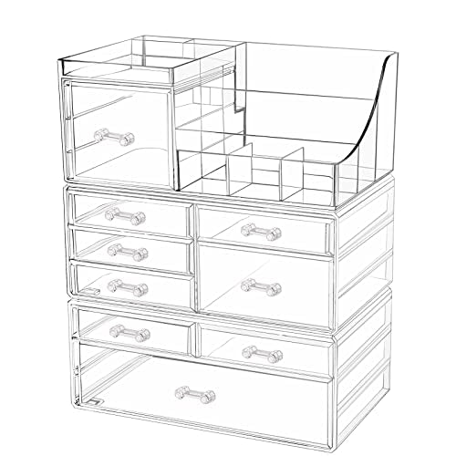 Acrylic Makeup Organizer with 9 Drawers & Top Storage - Clear Stackable Vanity