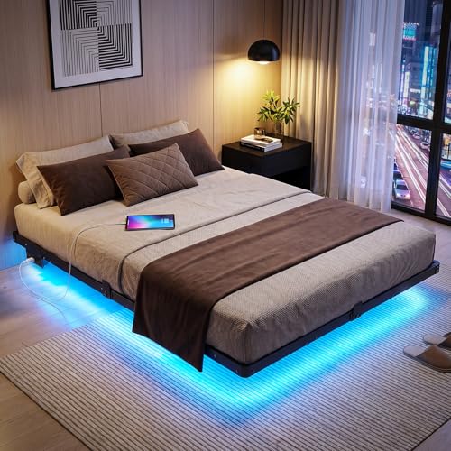 Queen Floating Bed Frame with Smart LED Lights & USB Charging Station