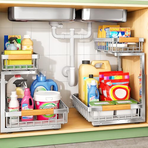 Kitstorack Silver 2-Pack Under Sink Organizer 2-Tier Slide Out Cabinet Shelf