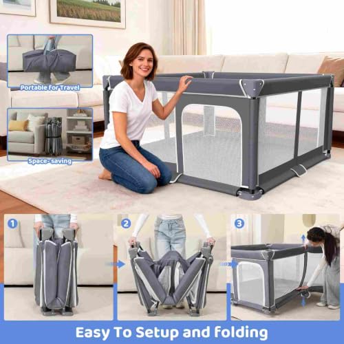 Grobeybees Dark Gray 50x50 Inch Foldable Baby Playpen Travel Yard