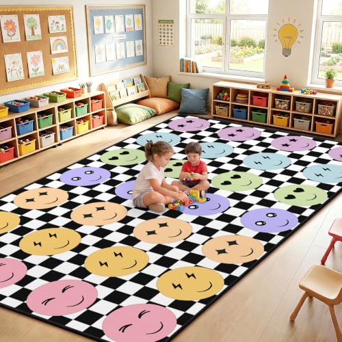 Large Classroom Rug with Smile Face Design - Black & White Variation