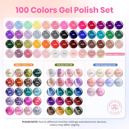 Beetles 100 Colors Gel Nail Polish Set, 119 PCS Kit All Season Cat Eye Pink Blue Jelly with Blooming Gel 15ml Clear Uv Led Blossom Nails for Spreading Effect Marblee