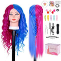 Mannequin Head with 60% Real Human Hair - Cosmetology Practice Head with Table Stand - Rosy and Blue Variation