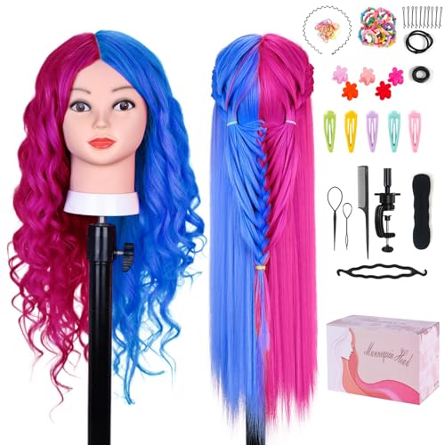 Mannequin Head with 60% Real Human Hair - Cosmetology Practice Head with Table Stand - Rosy and Blue Variation
